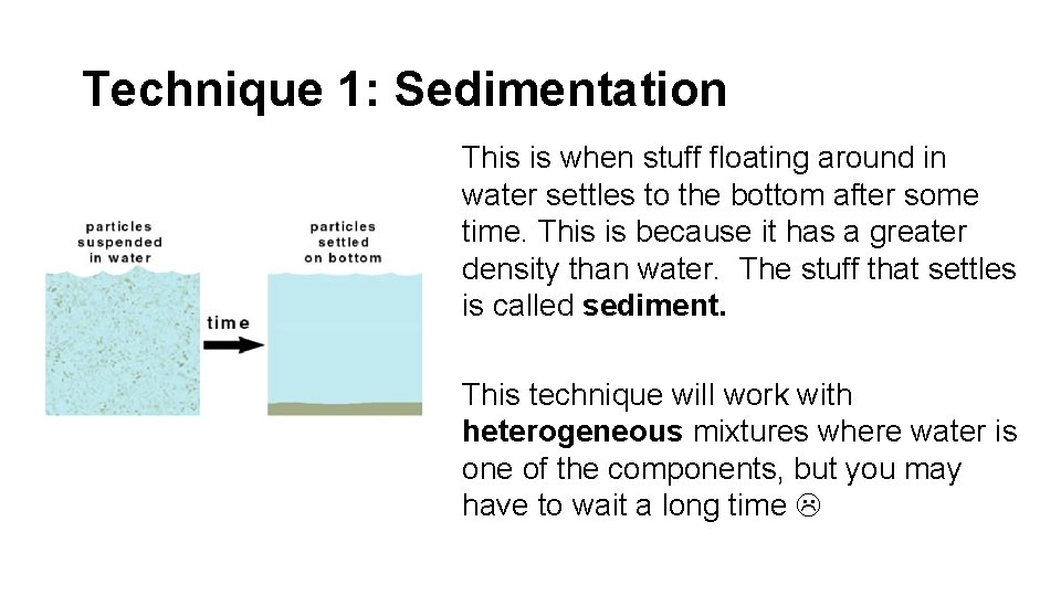 Technique 1: Sedimentation This is when stuff floating around in water settles to the