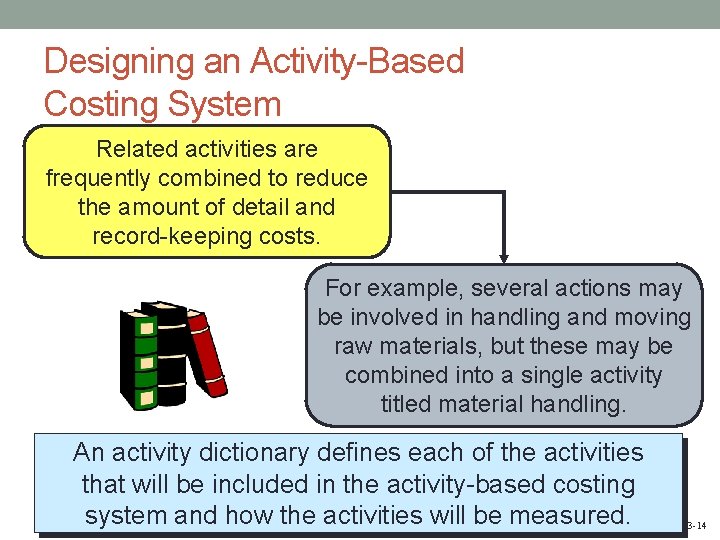 Designing an Activity-Based Costing System Related activities are frequently combined to reduce the amount