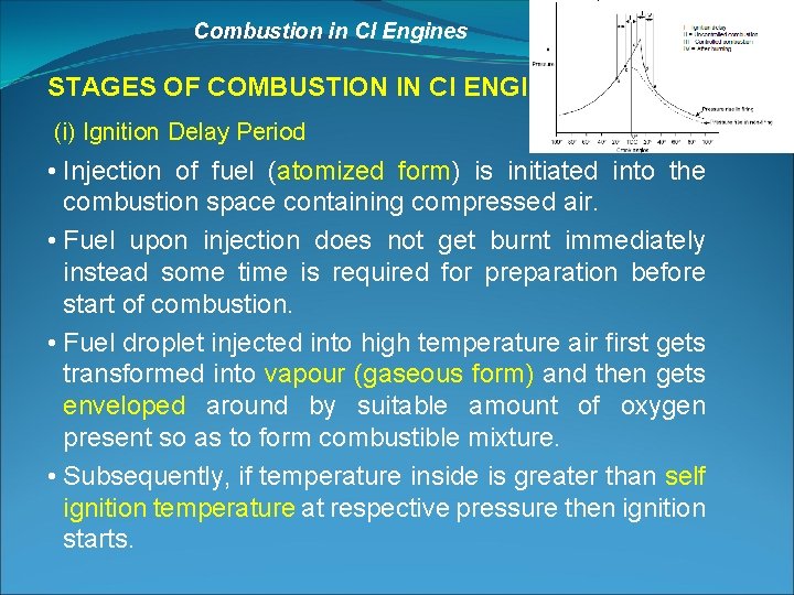Combustion in CI Engines STAGES OF COMBUSTION IN CI ENGINES (i) Ignition Delay Period