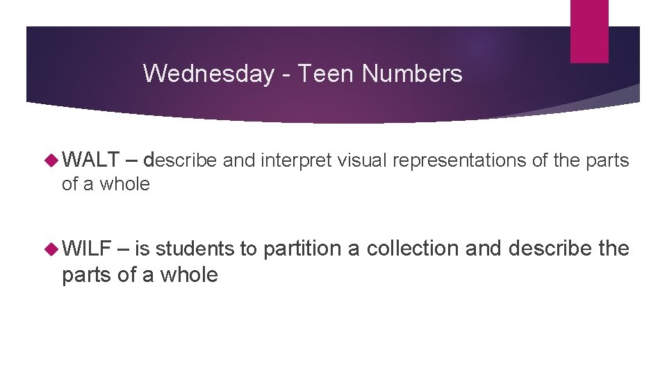 Wednesday - Teen Numbers WALT – describe and interpret visual representations of the parts