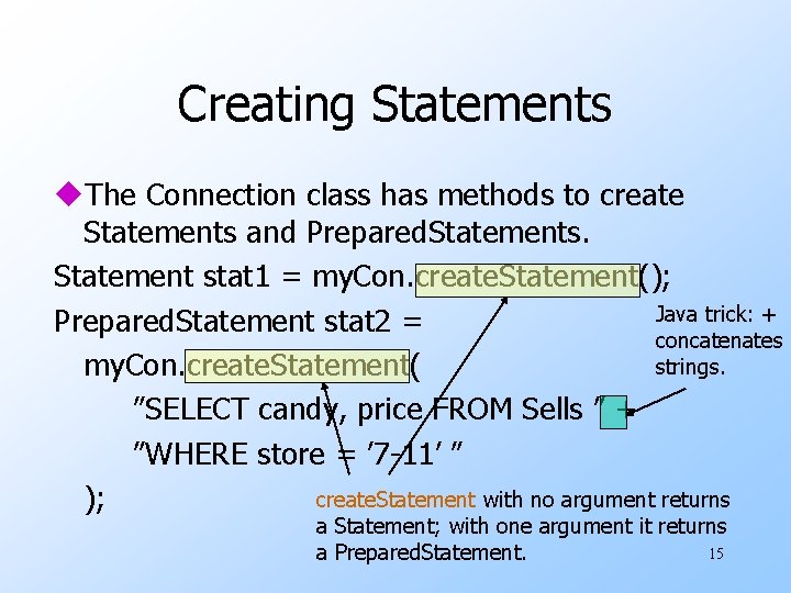 Creating Statements u. The Connection class has methods to create Statements and Prepared. Statements. Creating Statements u. The Connection class has methods to create Statements and Prepared. Statements.