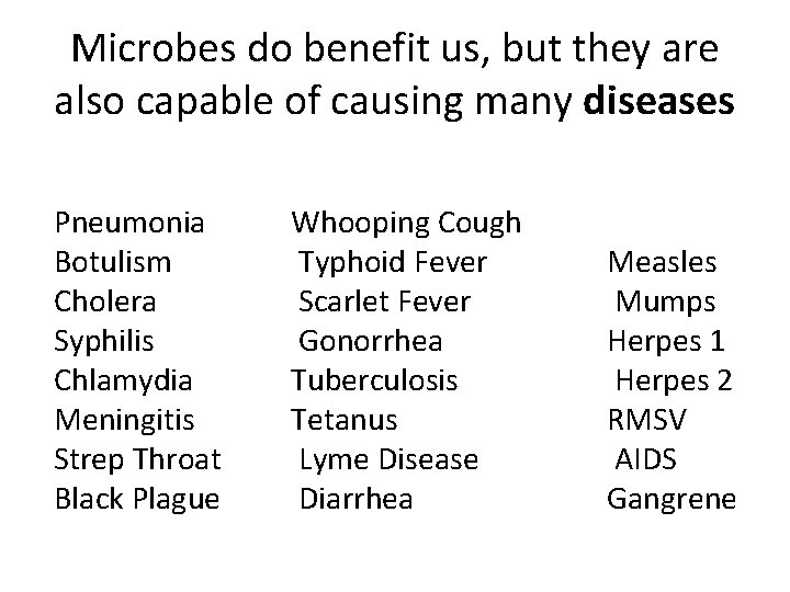 Microbes do benefit us, but they are also capable of causing many diseases Pneumonia