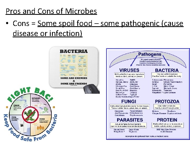 Pros and Cons of Microbes • Cons = Some spoil food – some pathogenic