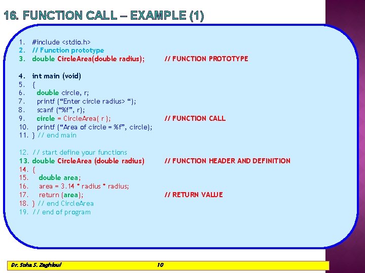 16. FUNCTION CALL – EXAMPLE (1) 1. #include <stdio. h> 2. // Function prototype 16. FUNCTION CALL – EXAMPLE (1) 1. #include <stdio. h> 2. // Function prototype