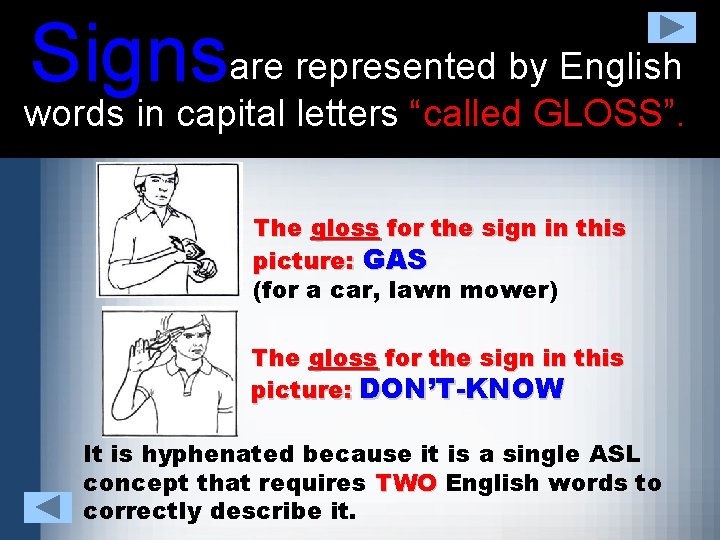 Signsare represented by English words in capital letters “called GLOSS”. The gloss for the