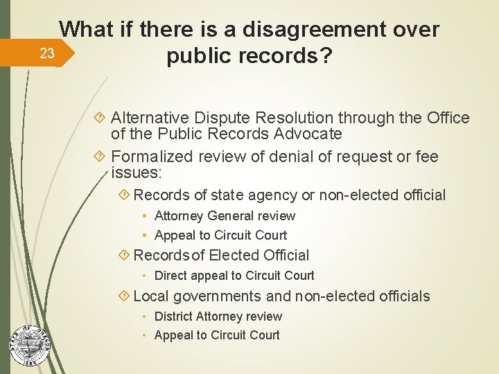 What if there is a disagreement over 23 public records? Alternative Dispute Resolution through