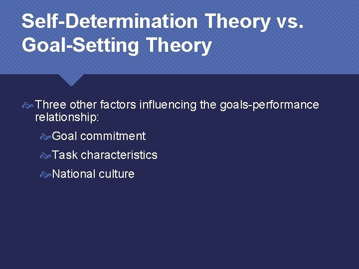Self-Determination Theory vs. Goal-Setting Theory Three other factors influencing the goals-performance relationship: Goal commitment