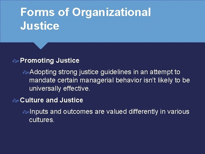 Forms of Organizational Justice Promoting Justice Adopting strong justice guidelines in an attempt to