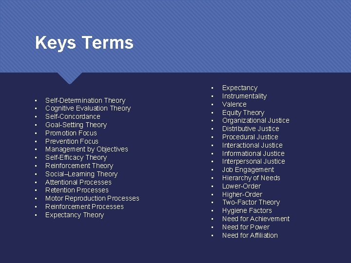Keys Terms • • • • Self-Determination Theory Cognitive Evaluation Theory Self-Concordance Goal-Setting Theory