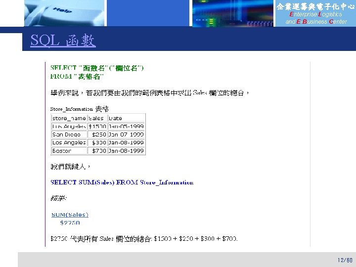 企業運籌與電子化中心 Enterprise Logistics and E-Business Center SQL 函數 12/60 