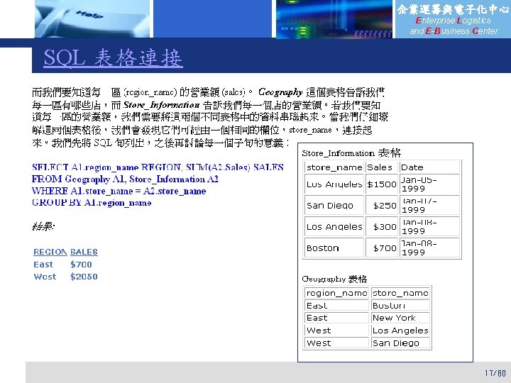 企業運籌與電子化中心 Enterprise Logistics and E-Business Center SQL 表格連接 17/60 