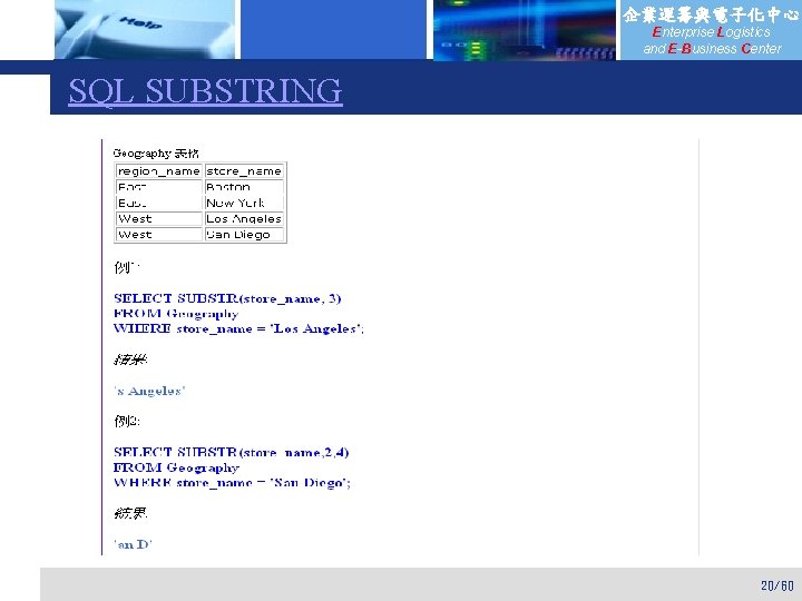 企業運籌與電子化中心 Enterprise Logistics and E-Business Center SQL SUBSTRING 20/60 