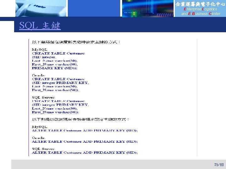 企業運籌與電子化中心 Enterprise Logistics and E-Business Center SQL 主鍵 25/60 