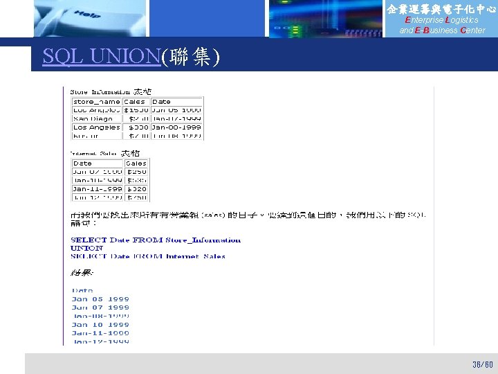 企業運籌與電子化中心 Enterprise Logistics and E-Business Center SQL UNION(聯集) 36/60 