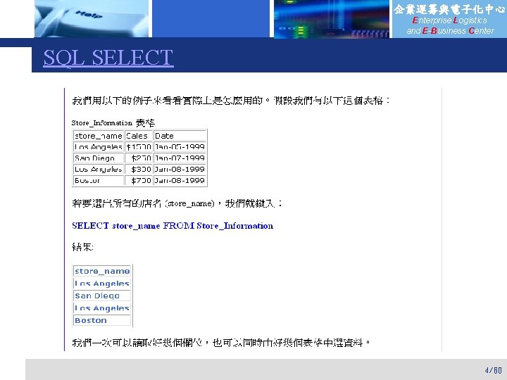 企業運籌與電子化中心 Enterprise Logistics and E-Business Center SQL SELECT 4/60 