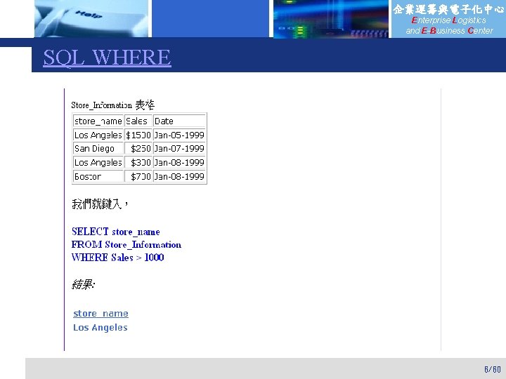 企業運籌與電子化中心 Enterprise Logistics and E-Business Center SQL WHERE 6/60 