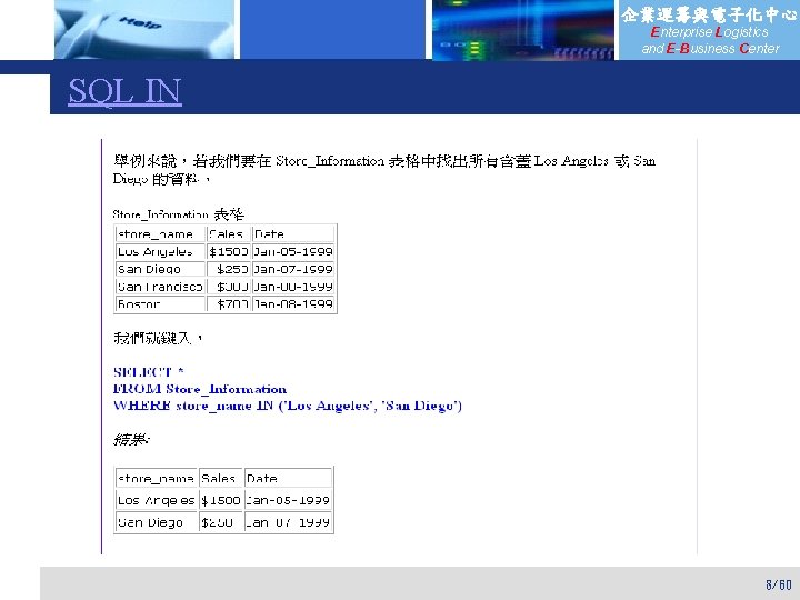 企業運籌與電子化中心 Enterprise Logistics and E-Business Center SQL IN 8/60 