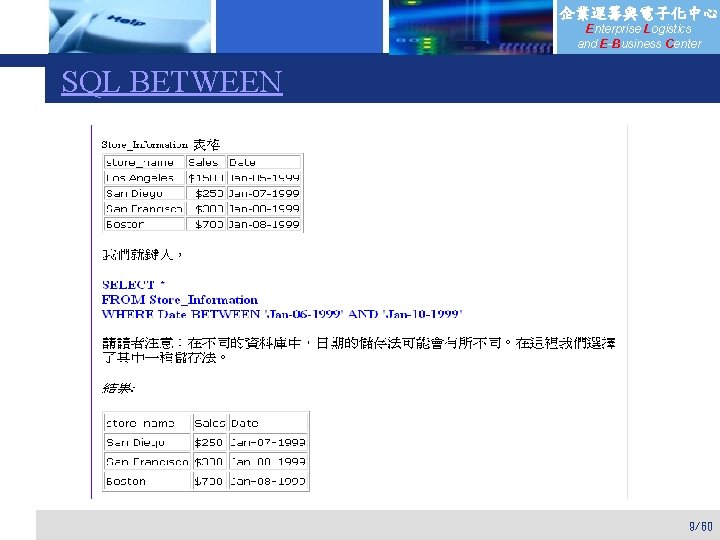 企業運籌與電子化中心 Enterprise Logistics and E-Business Center SQL BETWEEN 9/60 