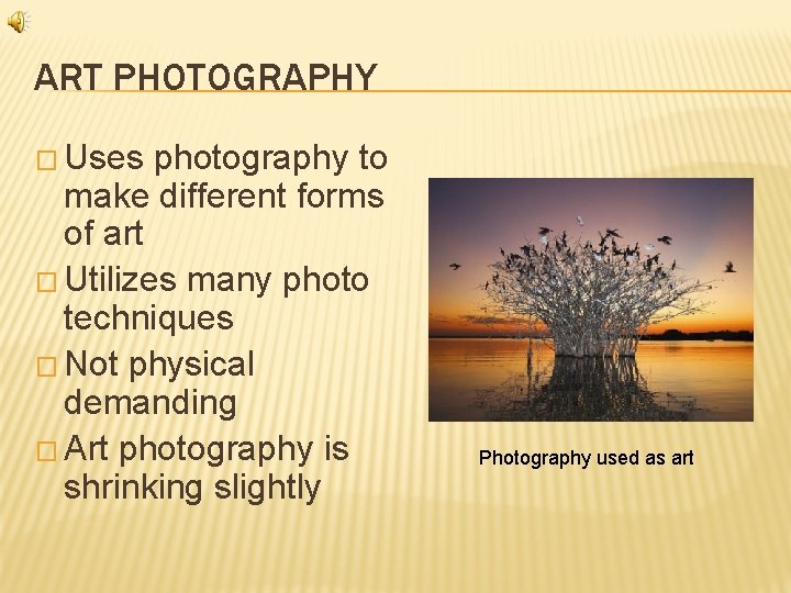 ART PHOTOGRAPHY � Uses photography to make different forms of art � Utilizes many