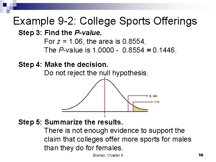 Example 9 -2: College Sports Offerings Step 3: Find the P-value. For z =