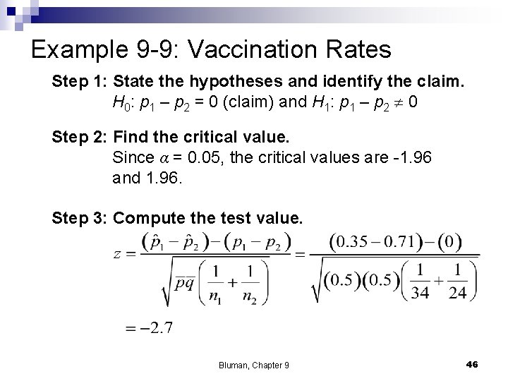 Example 9 -9: Vaccination Rates Step 1: State the hypotheses and identify the claim.