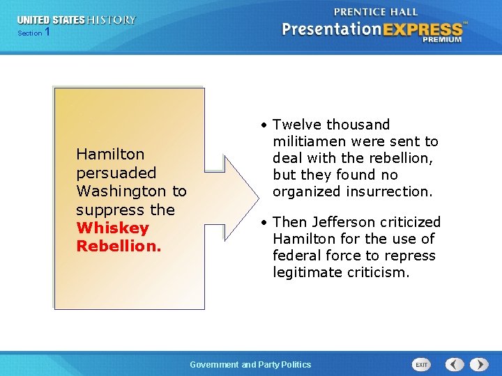125 Section Chapter Section 1 Hamilton persuaded Washington to suppress the Whiskey Rebellion. •