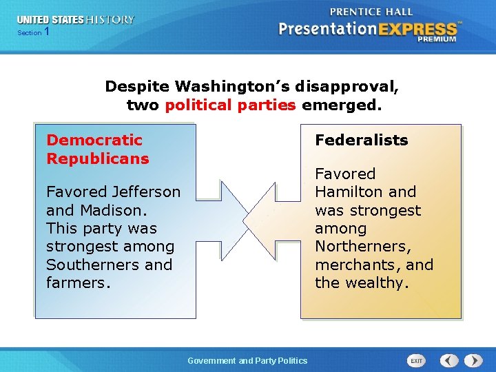 125 Section Chapter Section 1 Despite Washington’s disapproval, two political parties emerged. Democratic Republicans