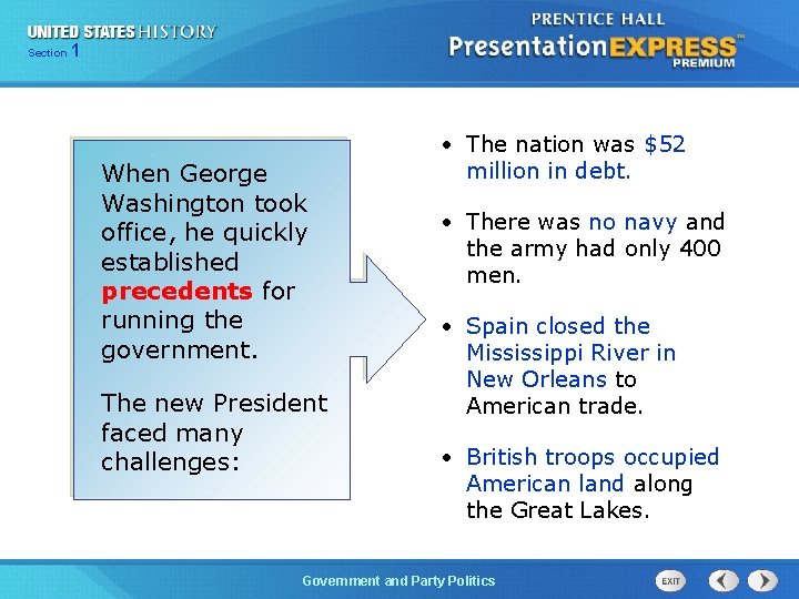 125 Section Chapter Section 1 When George Washington took office, he quickly established precedents