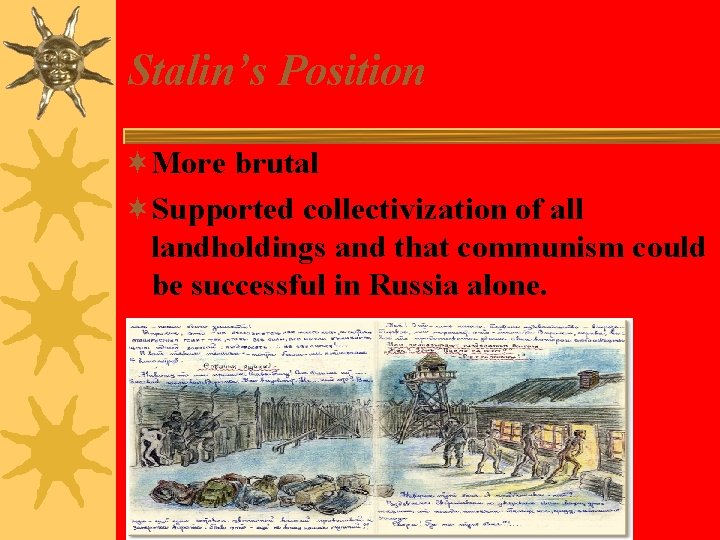 Stalin’s Position ¬More brutal ¬Supported collectivization of all landholdings and that communism could be