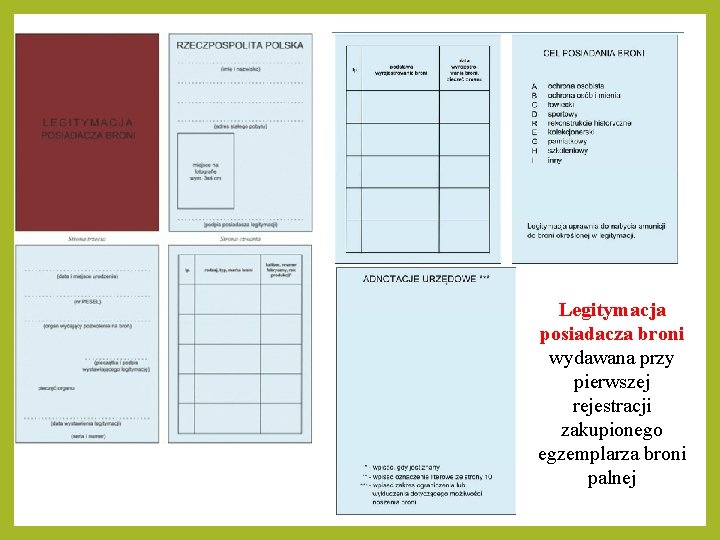 Legitymacja posiadacza broni wydawana przy pierwszej rejestracji zakupionego egzemplarza broni palnej Legitymacja posiadacza broni wydawana przy pierwszej rejestracji zakupionego egzemplarza broni palnej