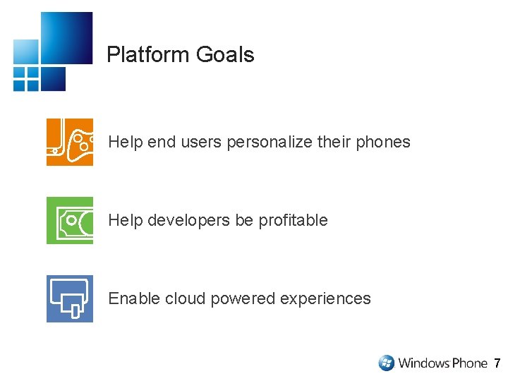 Platform Goals Help end users personalize their phones OFFICE PICTURES Help developers be profitable