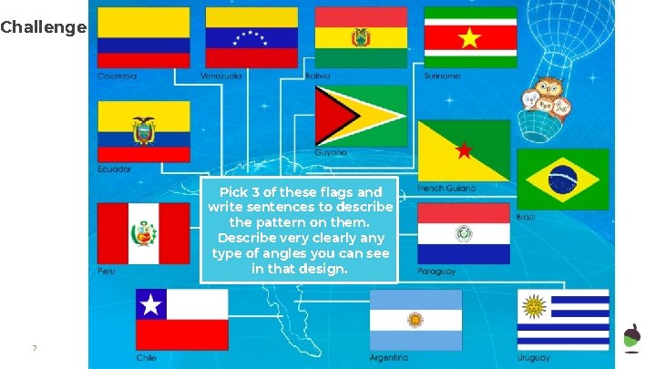 Challenge Pick 3 of these flags and write sentences to describe the pattern on