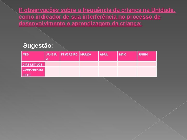 f) observações sobre a frequência da criança na Unidade, como indicador de sua interferência