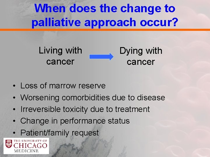 When does the change to palliative approach occur? Living with cancer • • •