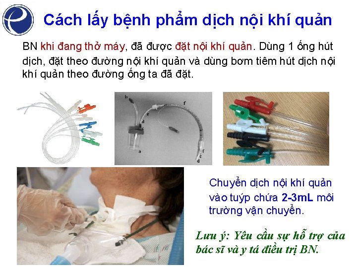 Cách lấy bệnh phẩm dịch nội khí quản BN khi đang thở máy, đã