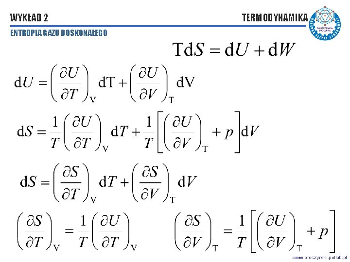 WYKŁAD 2 TERMODYNAMIKA ENTROPIA GAZU DOSKONAŁEGO www. proszynski. pollub. pl 