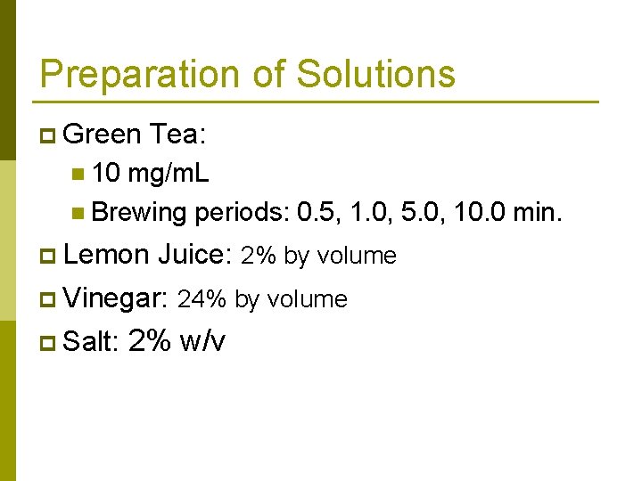 Preparation of Solutions p Green Tea: n 10 mg/m. L n Brewing periods: 0.