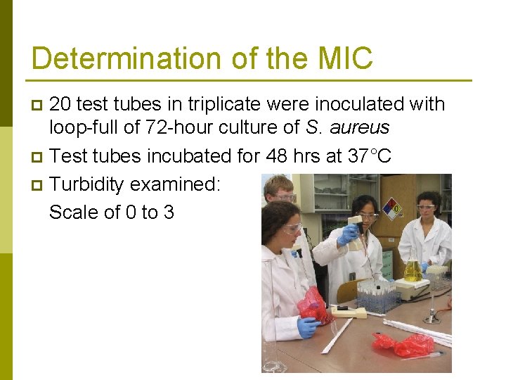 Determination of the MIC 20 test tubes in triplicate were inoculated with loop-full of