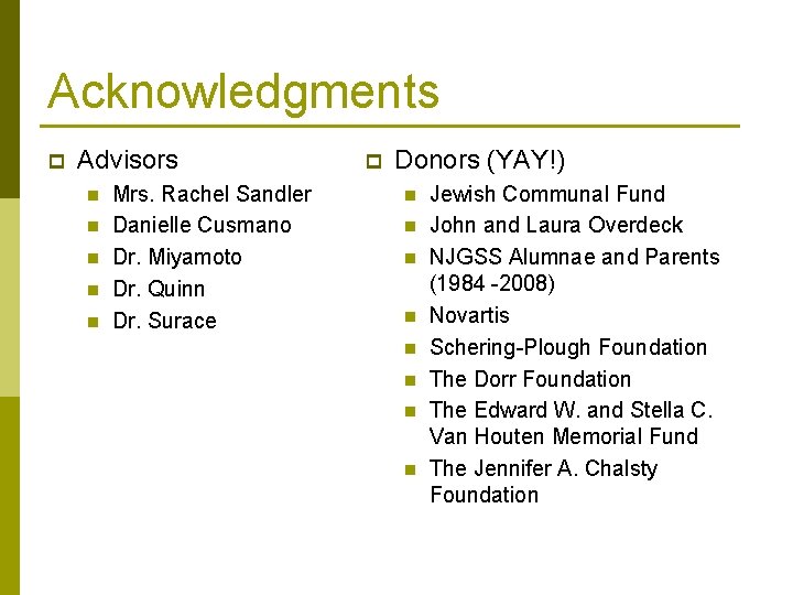 Acknowledgments p Advisors n n n Mrs. Rachel Sandler Danielle Cusmano Dr. Miyamoto Dr.