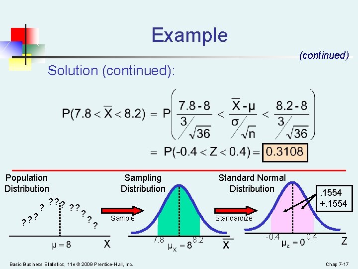Example (continued) Solution (continued): Population Distribution ? ? ? Sampling Distribution Standard Normal Distribution