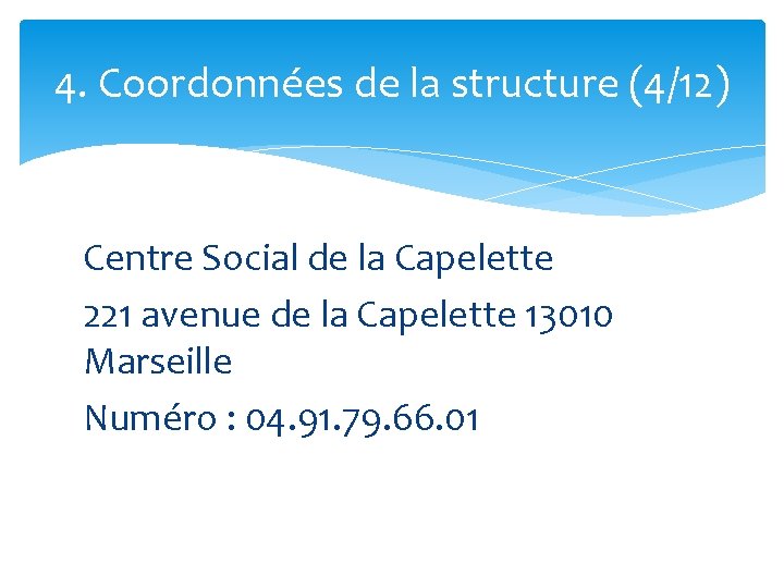 4. Coordonnées de la structure (4/12) Centre Social de la Capelette 221 avenue de