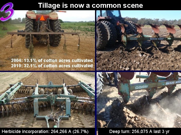 Tillage is now a common scene 2004: 13. 1% of cotton acres cultivated 2010:
