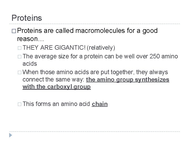 Proteins � Proteins are called macromolecules for a good reason… � THEY ARE GIGANTIC!