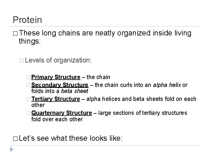 Protein � These things: long chains are neatly organized inside living � Levels of