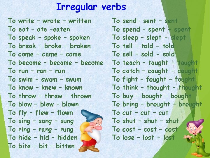 Irregular verbs To To To To write – wrote – written eat – ate