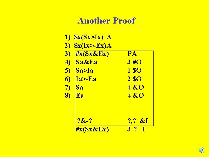 Another Proof 1) 2) 3) 4) 5) 6) 7) 8) $x(Sx>Ix) A $x(Ix>-Ex)A #x(Sx&Ex)