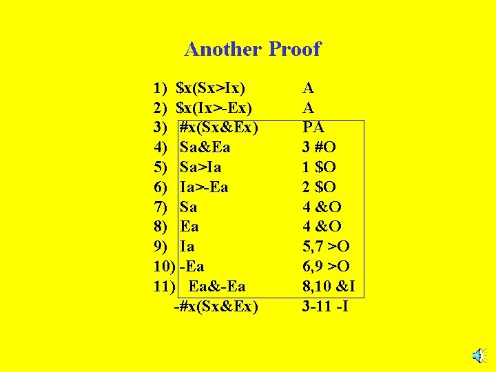 Another Proof 1) $x(Sx>Ix) 2) $x(Ix>-Ex) 3) #x(Sx&Ex) 4) Sa&Ea 5) Sa>Ia 6) Ia>-Ea