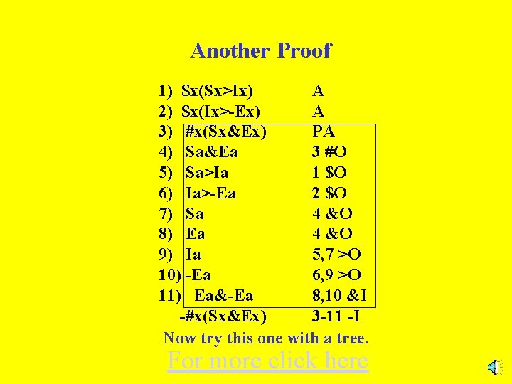 Another Proof 1) $x(Sx>Ix) A 2) $x(Ix>-Ex) A 3) #x(Sx&Ex) PA 4) Sa&Ea 3