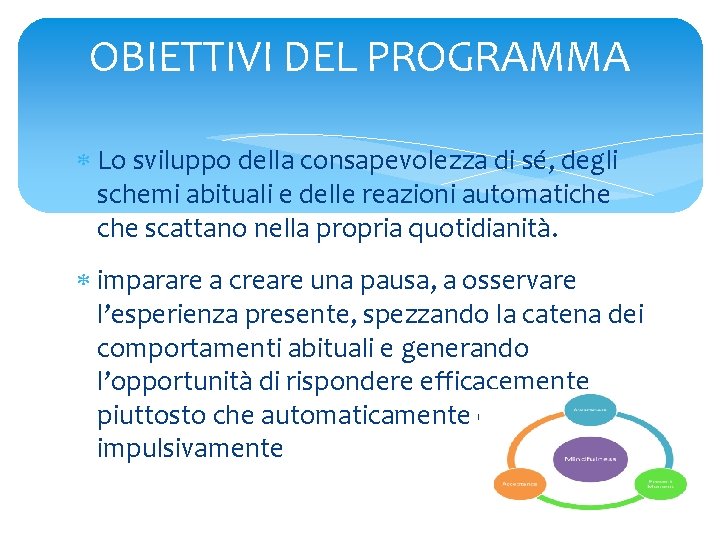 OBIETTIVI DEL PROGRAMMA Lo sviluppo della consapevolezza di sé, degli schemi abituali e delle