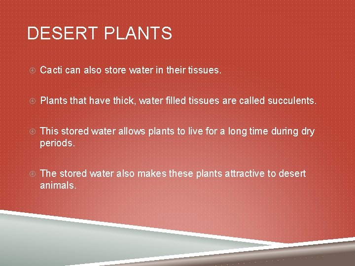 DESERT PLANTS Cacti can also store water in their tissues. Plants that have thick,